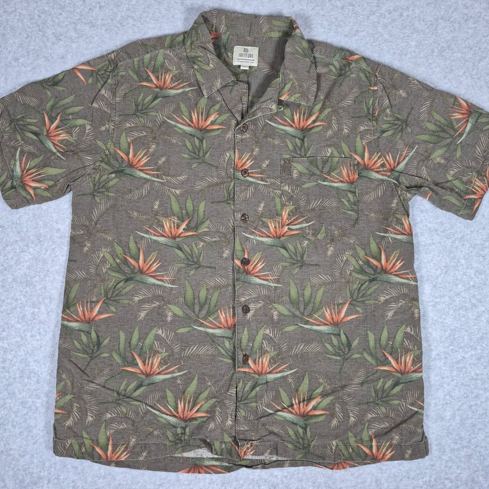 Solitude Button Down Shirt Mens L Brown Washable Silk Bird of Paradise Floral